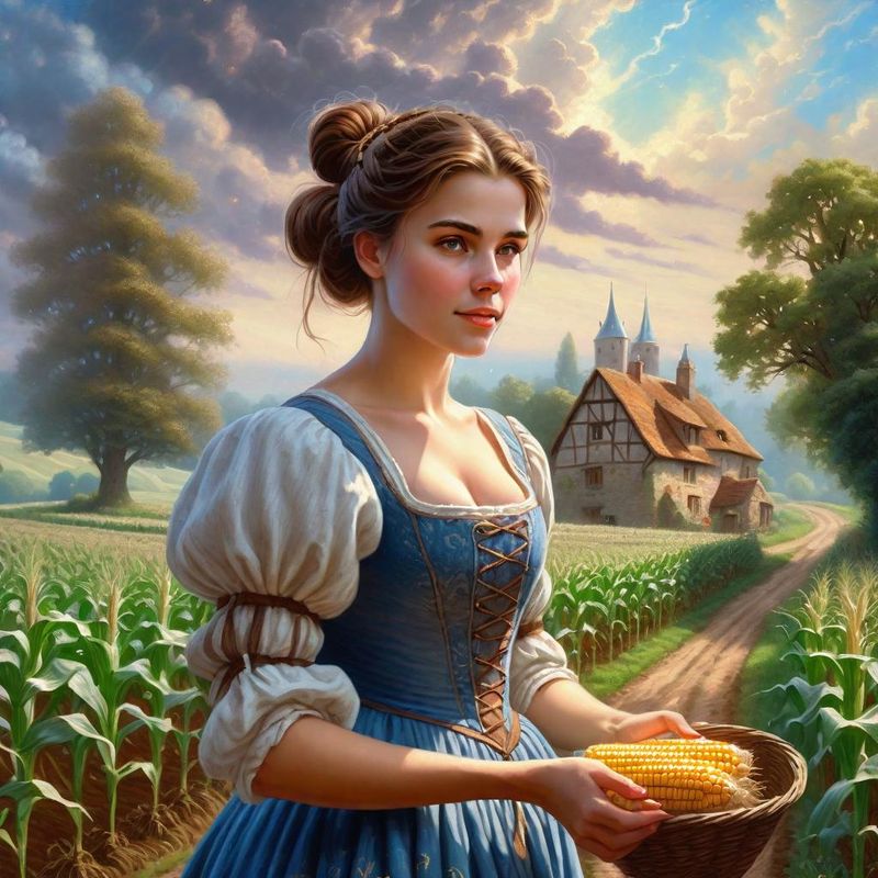Young Women in a peasant dress by an old farm in a medieval fantasy world 1.jpg