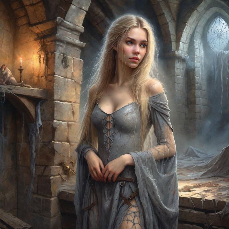 Young Beautiful Women standing in medieval dirty torn Clothes in an medieval dungeon in a Fantasy World 4.jpg