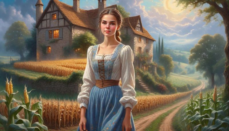 Young Women in a peasant dress by an old farm in a medieval fantasy world 9 - Wall.jpg