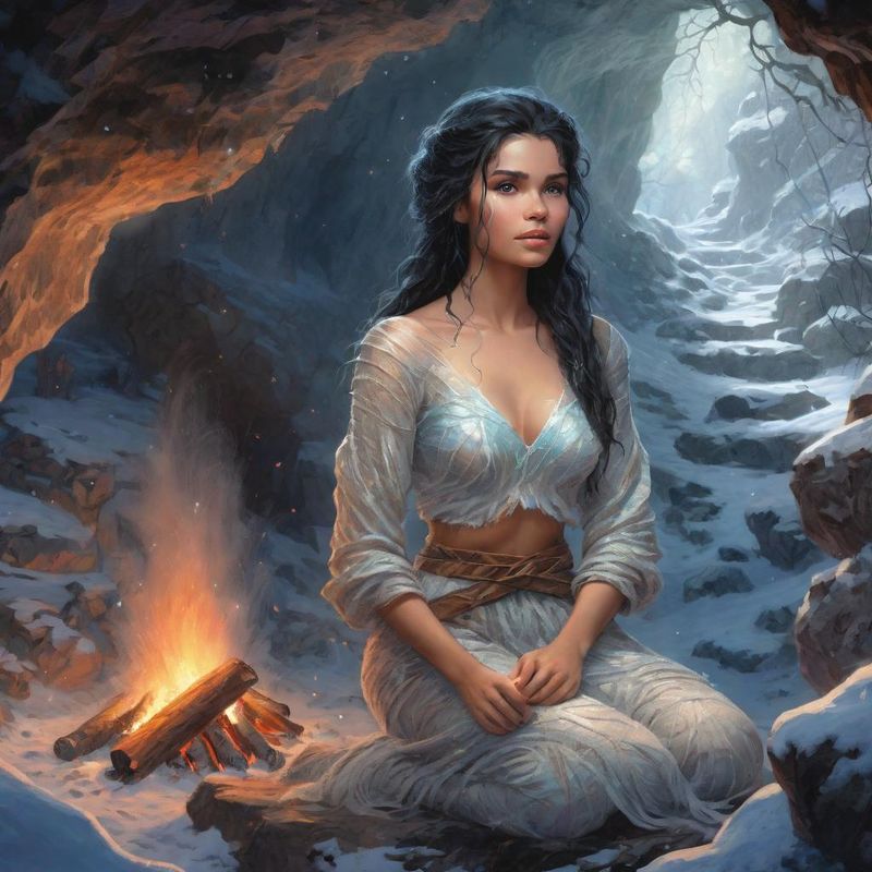Young woman in a cave by an campfire 6.jpg
