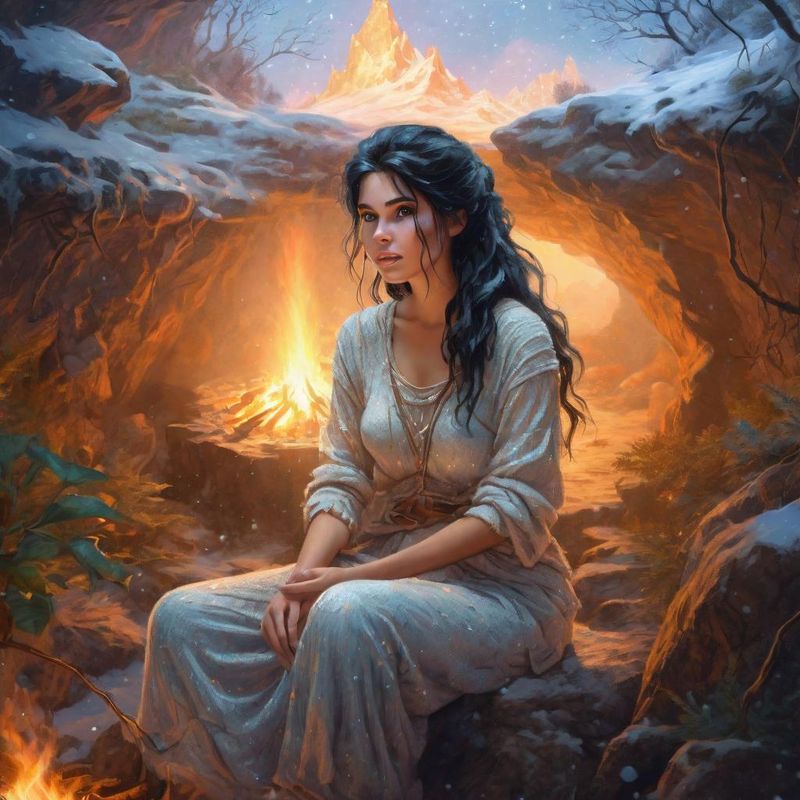 Young woman in a cave by an campfire 5.jpg