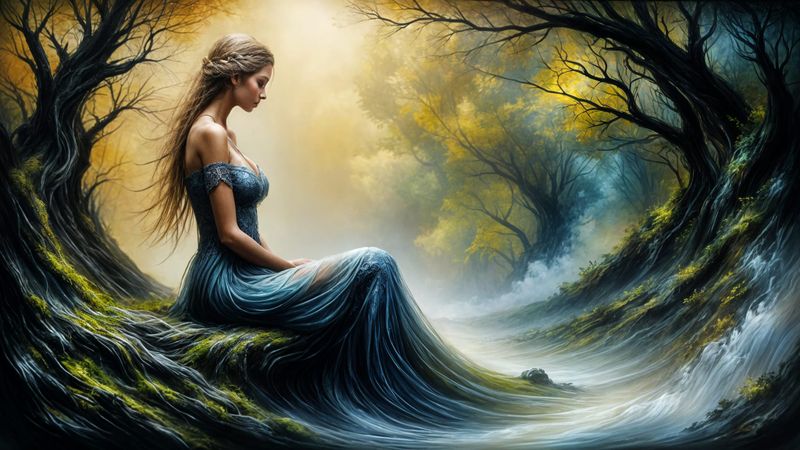Spirit of Nature - A Young Forest Princess with long Black Hair sitting in a dark Forest 001 - Upscaled.jpg