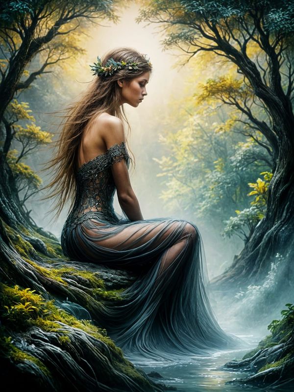 Spirit of Nature - A Young Forest Princess with long Black Hair sitting in a dark Forest 002 - Upscaled.jpg