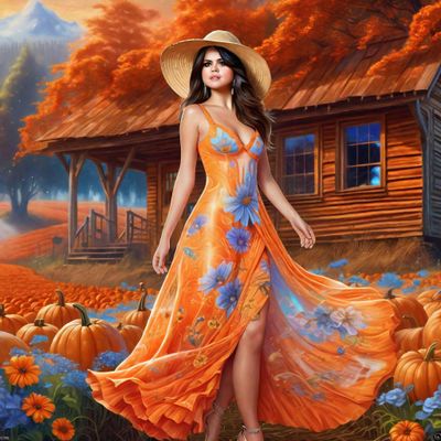 Selena Gomez in a Orange printed sensual dress in an Pumpkin field 4.jpg