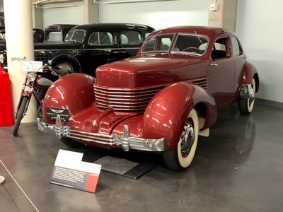 Lucky's Garage. 1937 Cord, donated to the museum from the Harold and Nancy LeMay Collection (5336)