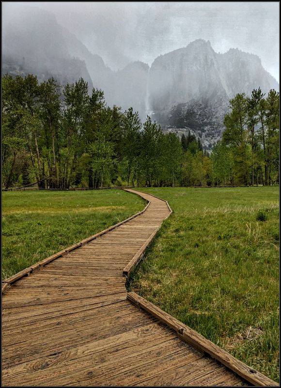 BOARDWALK TO YOSEMITE FALLS ON A MISTY DAY