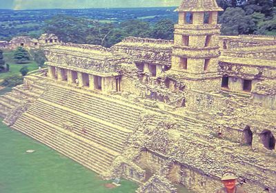 View from Pyramid of Inscriptions, Palenque Mexico. (Lower right NOT the inscriptor)