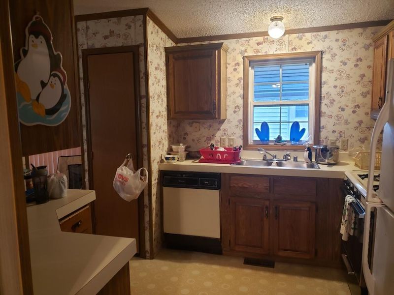Here is a view of the kitchen, from the living room. The door next to the sink is your pantry, arch next to that goes to dining