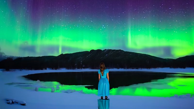 Girl Looking at Northern Lights