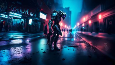 Cyborg looking at a cat