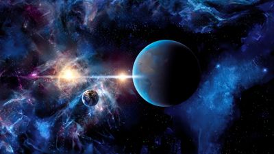 Two Planets in blue space clouds