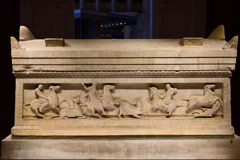 Istanbul Archaeological Museum Satrap Sarcophagus Long side Satrap about to kill a panther 4013.jpg