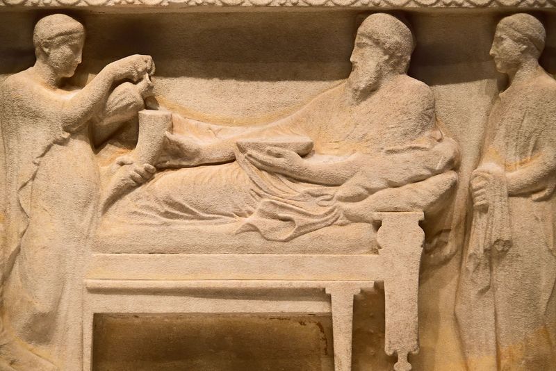 Istanbul Archaeological Museum Satrap Sarcophagus Short side Satrap banqueting with wife 4019.jpg