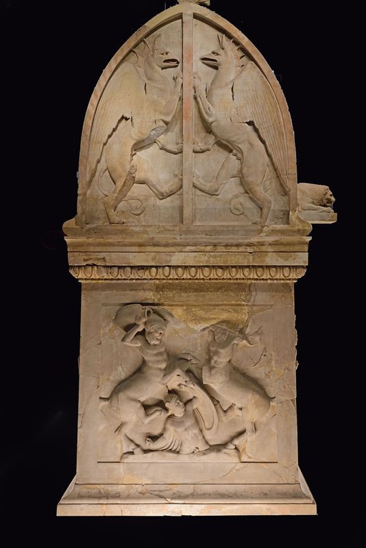 Istanbul Archaeological Museum Lycian sarcophagus Short side with Two centaurs fight Caeneus 4009edit.jpg