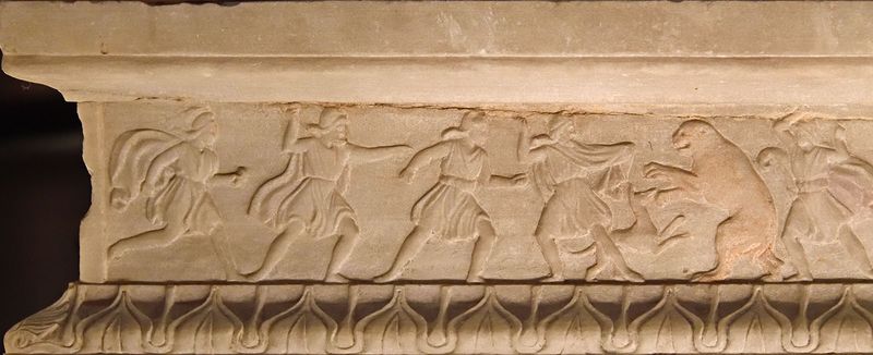 Istanbul Archaeological Museum Sarcophagus of the mourning women border with hunt on one long side 4063b.jpg