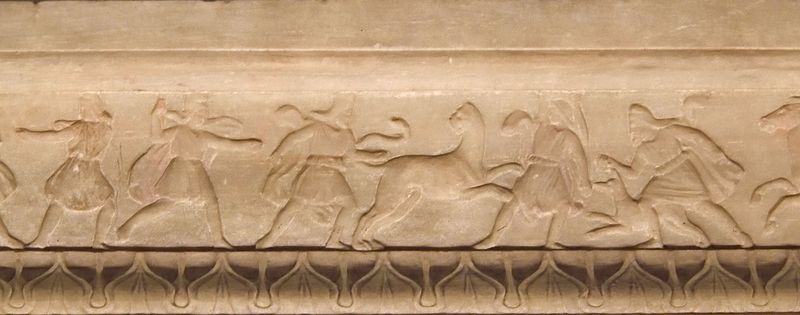 Istanbul Archaeological Museum Sarcophagus of the mourning women border with hunt on one long side 4067b.jpg