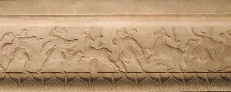 Istanbul Archaeological Museum Sarcophagus of the mourning women border with hunt on one long side 4069b.jpg