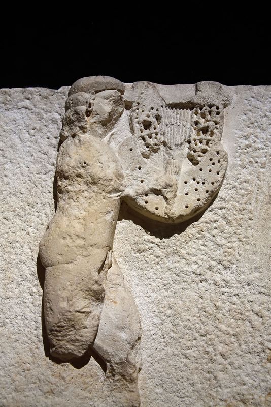 Istanbul Archaeology Museum detail Wrestlers, musicians Late 6th C BCE Xanthos 3591.jpg