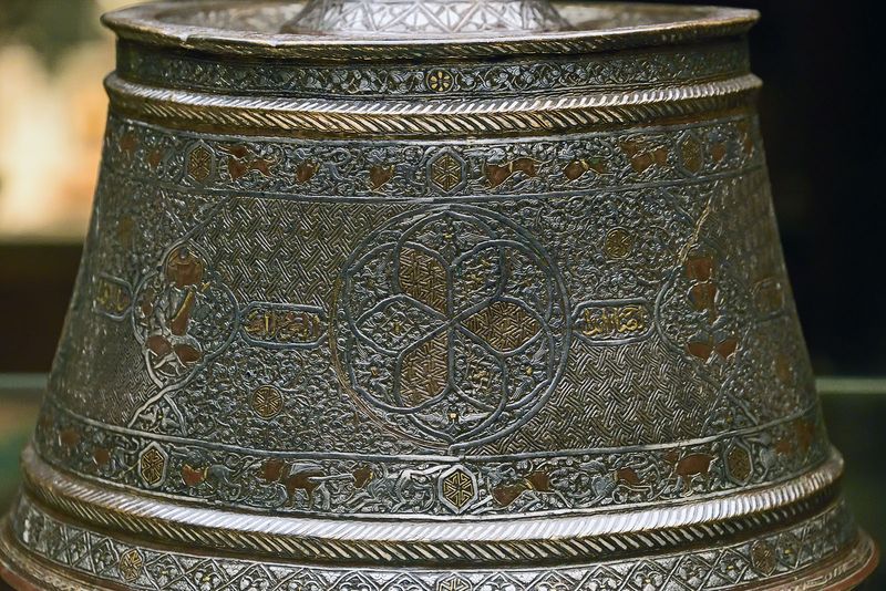 Istanbul Sadberk Hanım Museum Candlestick brass wist gold and silver inlay 13th-14th C CE Mosul (Syrian) 3302.jpg