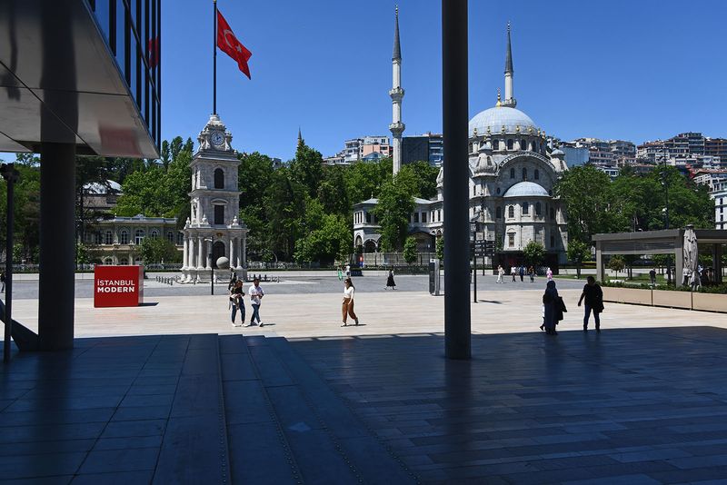 Nusretiye Mosque exterior and clock tower from Istanbul Modern museum in 2024 5628.jpg