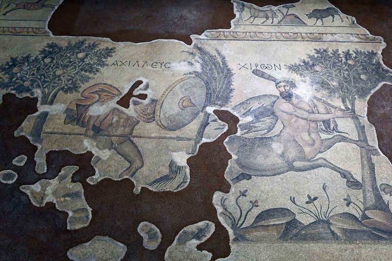 Haleplibahe Mosaic Museum Achilles mosaic Achilles with centaur and wise man Chiron 2024 7416.jpg