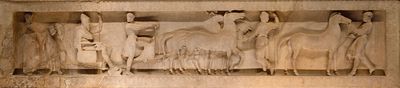 Istanbul Archaeological Museum Satrap Sarcophagus Long side Satrap about to go on a journey 4021.jpg