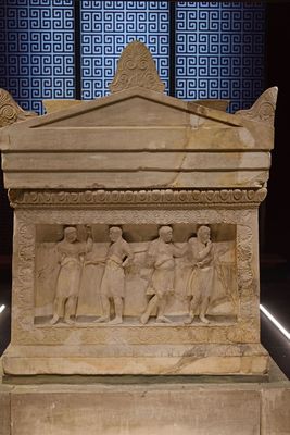 Istanbul Archaeological Museum Satrap Sarcophagus Short side Four groomes prepare for a hunt 4014.jpg
