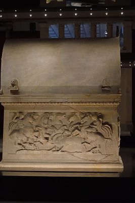 Istanbul Archaeological Museum Lycian sarcophagus Long side with boar hunt 2954.jpg
