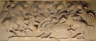 Istanbul Archaeological Museum Lycian sarcophagus Long side with boar hunt 2956 panorama.jpg