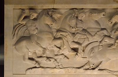 Istanbul Archaeological Museum Lycian sarcophagus Long side with boar hunt 2956.jpg