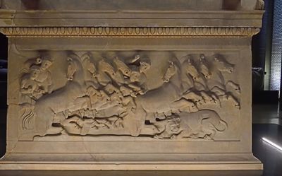 Istanbul Archaeological Museum Lycian sarcophagus Long side with Lion hunt from a quadriga 2971.jpg