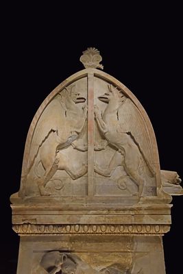 Istanbul Archaeological Museum Lycian sarcophagus pediment over the centaurs and Caeneus scene 2968.jpg