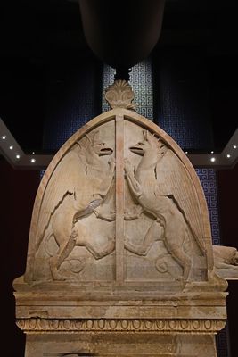 Istanbul Archaeological Museum Lycian sarcophagus pediment over the centaurs and Caeneus scene 4010.jpg