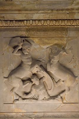 Istanbul Archaeological Museum Lycian sarcophagus Short side with Two centaurs fight Caeneus 2966.jpg