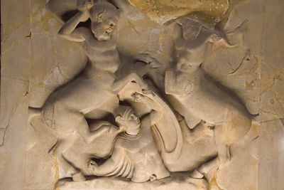 Istanbul Archaeological Museum Lycian sarcophagus Short side with Two centaurs fight Caeneus 2967.jpg
