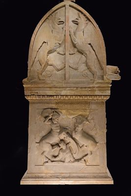 Istanbul Archaeological Museum Lycian sarcophagus Short side with Two centaurs fight Caeneus 4009edit.jpg