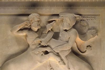 Istanbul Archaeological Museum Lycian sarcophagus Short side with Two centaurs fighting over a deer 2959.jpg