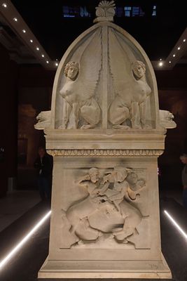 Istanbul Archaeological Museum Lycian sarcophagus Short side with Two centaurs fighting over a deer 4004.jpg