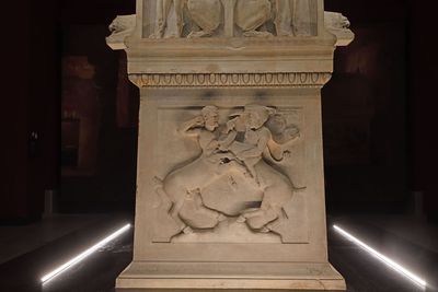 Istanbul Archaeological Museum Lycian sarcophagus Short side with Two centaurs fighting over a deer 4005.jpg
