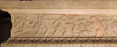 Istanbul Archaeological Museum Sarcophagus of the mourning women border with hunt on one long side 4063b.jpg