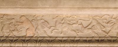 Istanbul Archaeological Museum Sarcophagus of the mourning women border with hunt on one long side 4064b.jpg