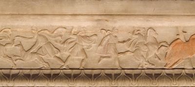 Istanbul Archaeological Museum Sarcophagus of the mourning women border with hunt on one long side 4065b.jpg