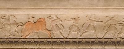 Istanbul Archaeological Museum Sarcophagus of the mourning women border with hunt on one long side 4066b.jpg