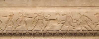 Istanbul Archaeological Museum Sarcophagus of the mourning women border with hunt on one long side 4067b.jpg