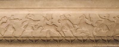 Istanbul Archaeological Museum Sarcophagus of the mourning women border with hunt on one long side 4069b.jpg