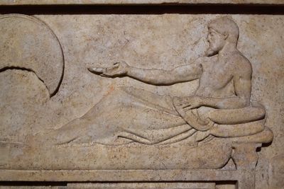 Istanbul Archaeology Museum Funerary relief with symposium scene, Marble, 470-460 BCE Thasos (Greece) 4264.jpg