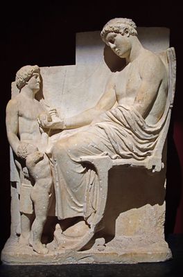 Istanbul Archaeology Museum Funerary stele with farewell scene Late 5th C BCE Amisos 3621.jpg