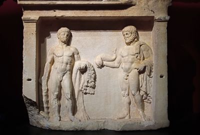 Istanbul Archaeology Museum Votive stele of Poseidon and Heracles Late 4th C BCE Thasos (Greece) 3614.jpg