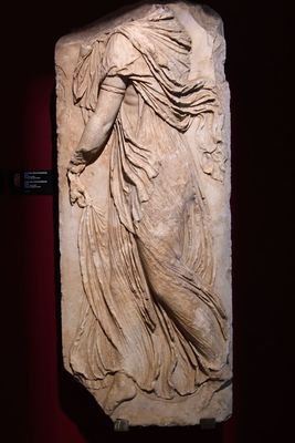 Istanbul Archaeology Museum Reliefwith dancing Maenad 2nd C BCE Pergamon 3639.jpg