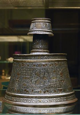 Istanbul Sadberk Hanım Museum Candlestick brass wist gold and silver inlay 13th-14th C CE Mosul (Syrian) 3300.jpg
